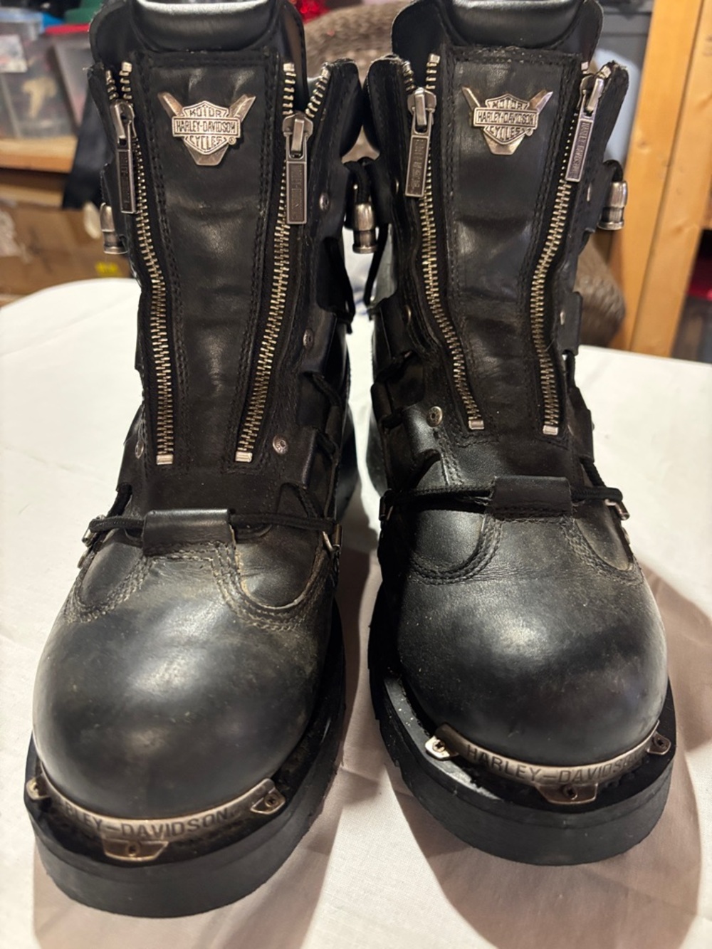 Harley-Davidson Black Leather Front-Zip Biker Boots with Metal Toe Trim